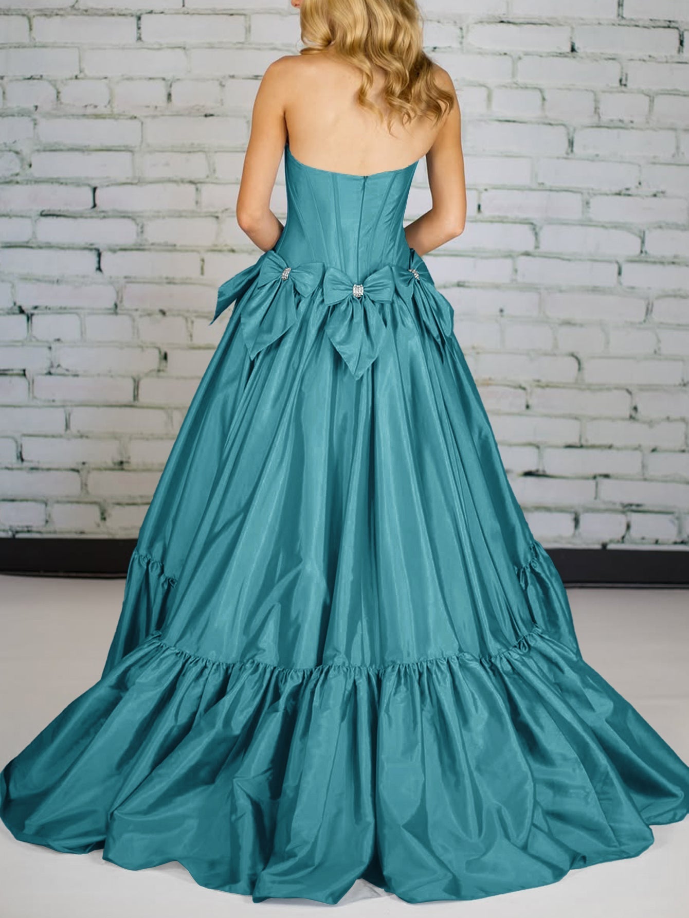 Crystal Boned Strapless Ball Gown Prom Dress With Bow - Turquoise