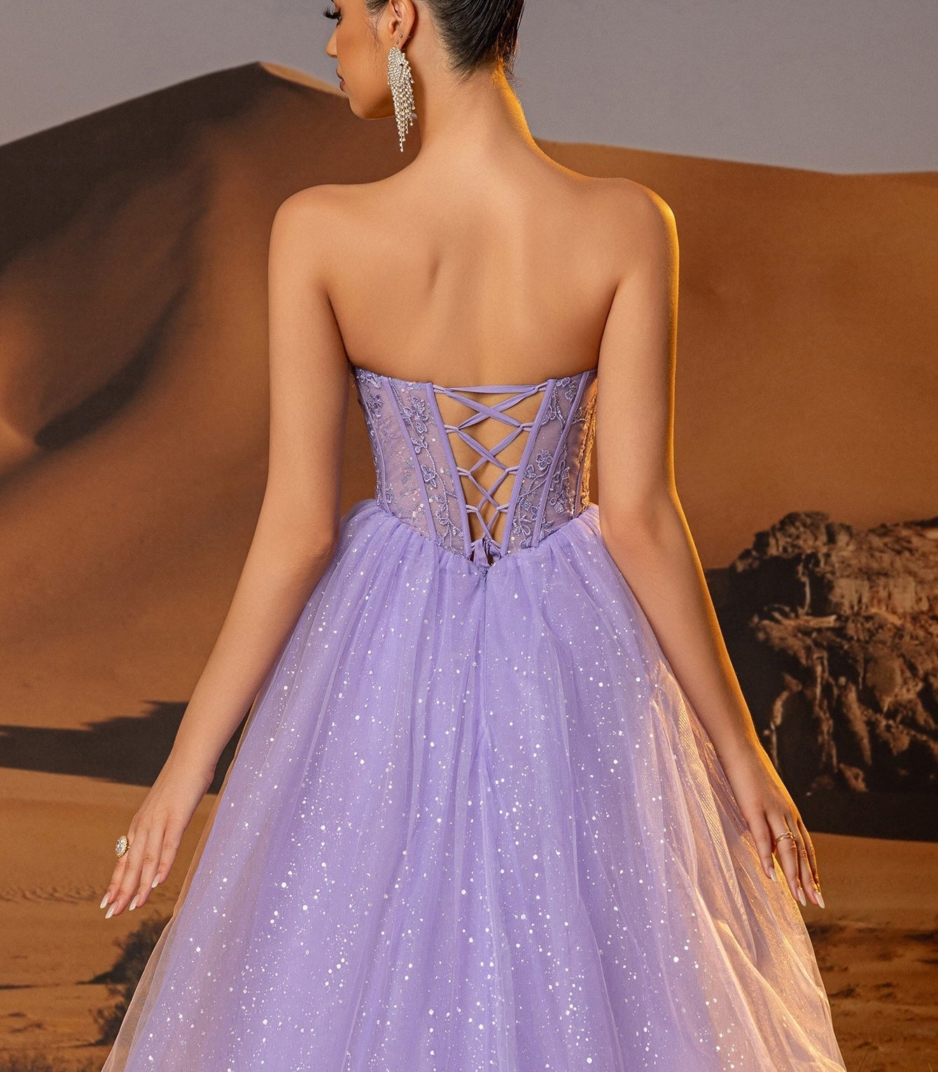 Sparkly Lace Boned Illusion Bodice Prom Dress - Lilac