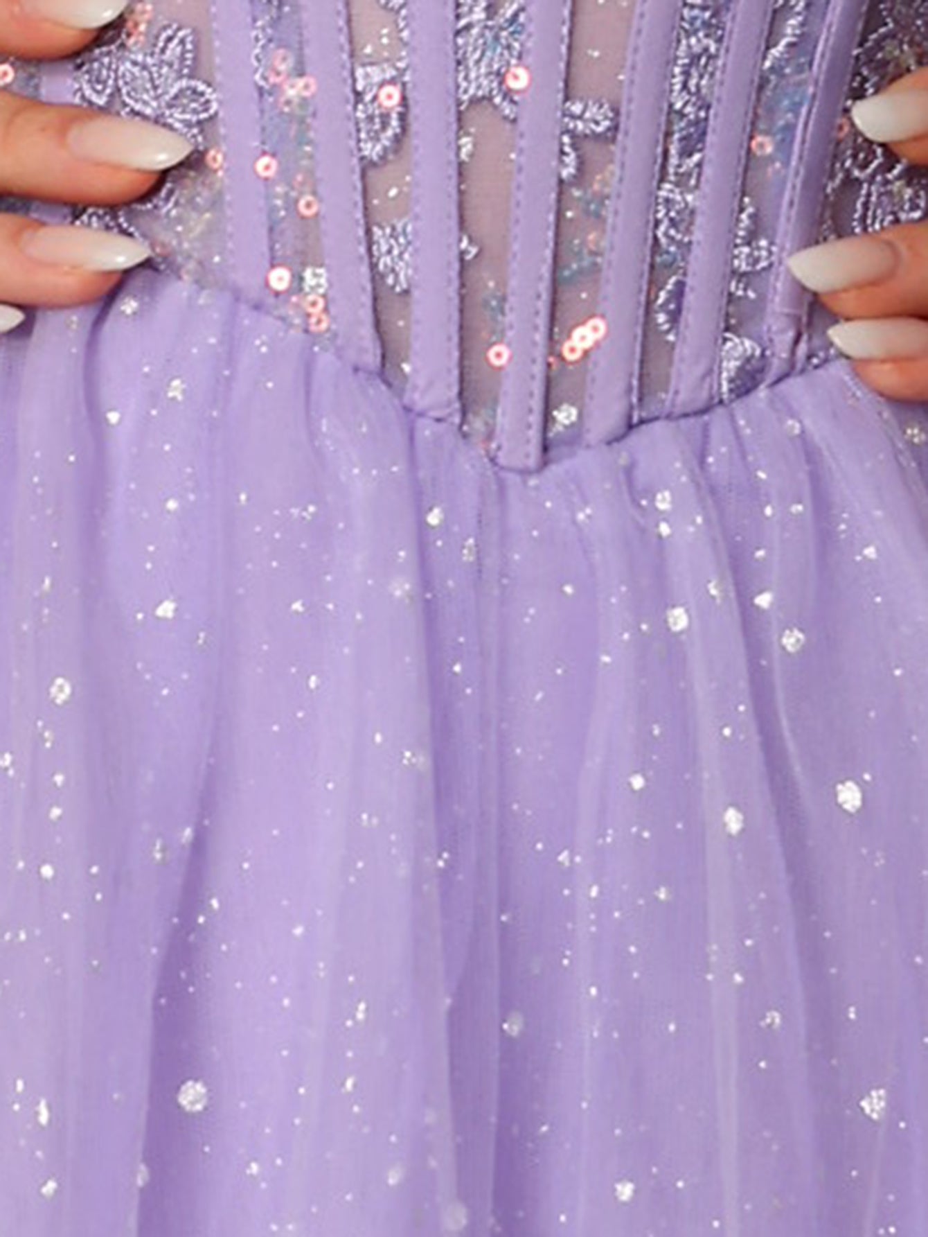Sparkly Lace Boned Illusion Bodice Prom Dress - Lilac