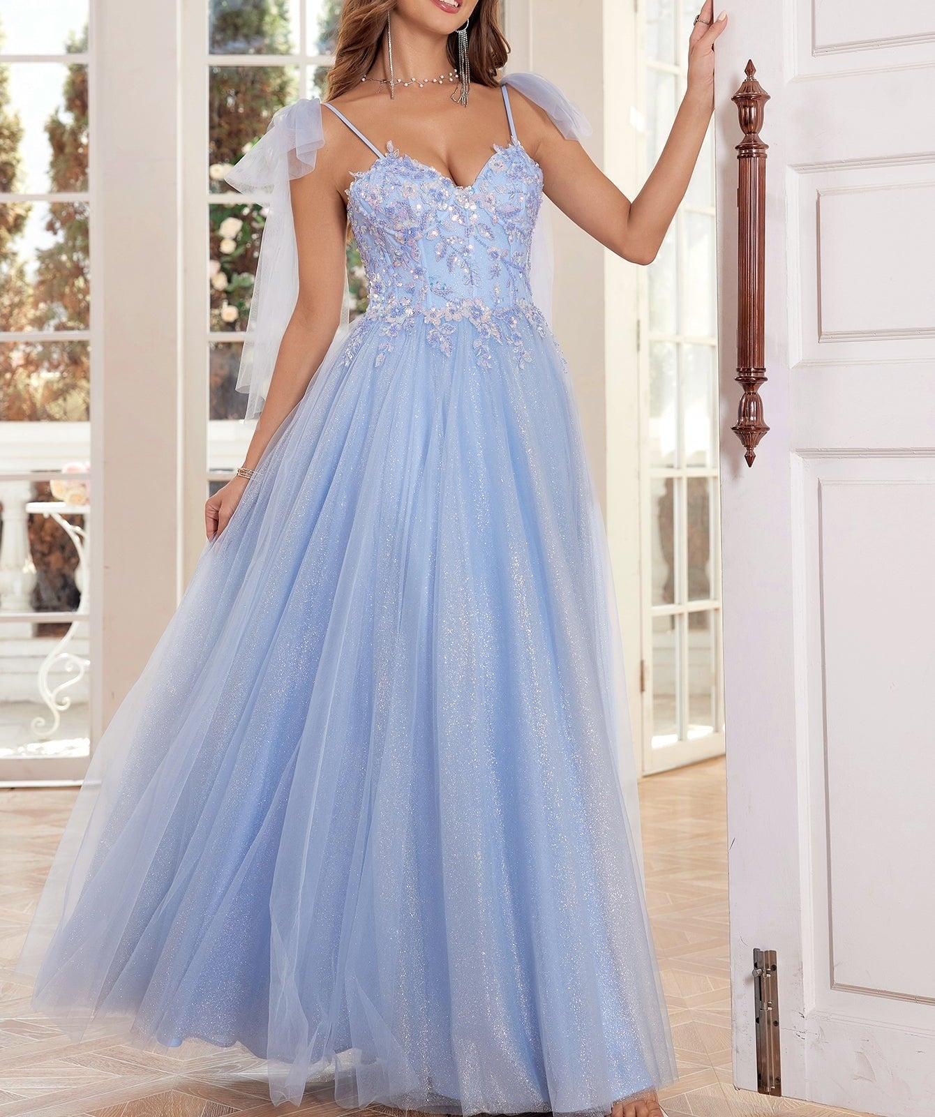 Lace Embroidery A-Line Prom Dress With Bow - Baby Blue
