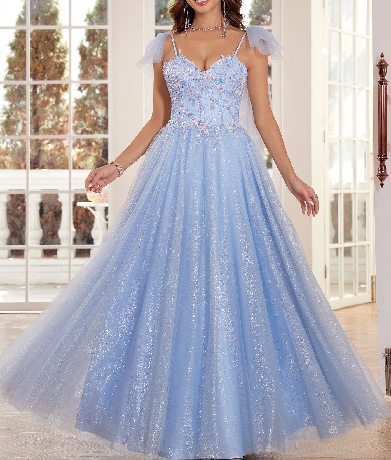 Lace Embroidery A-Line Prom Dress With Bow - Baby Blue