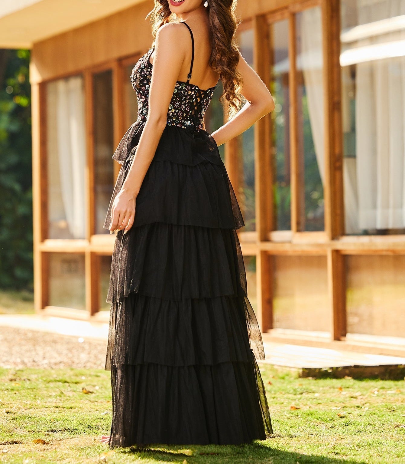 Hand Beading Sheer Bodice Layered Long Prom Dress - Black