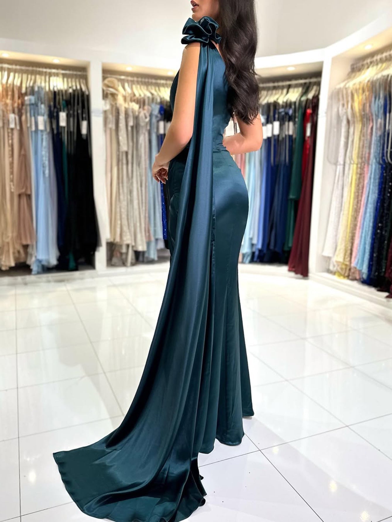 Hand Made Flower One Shoulder Satin Prom Dress With Drop Train - Sage Green