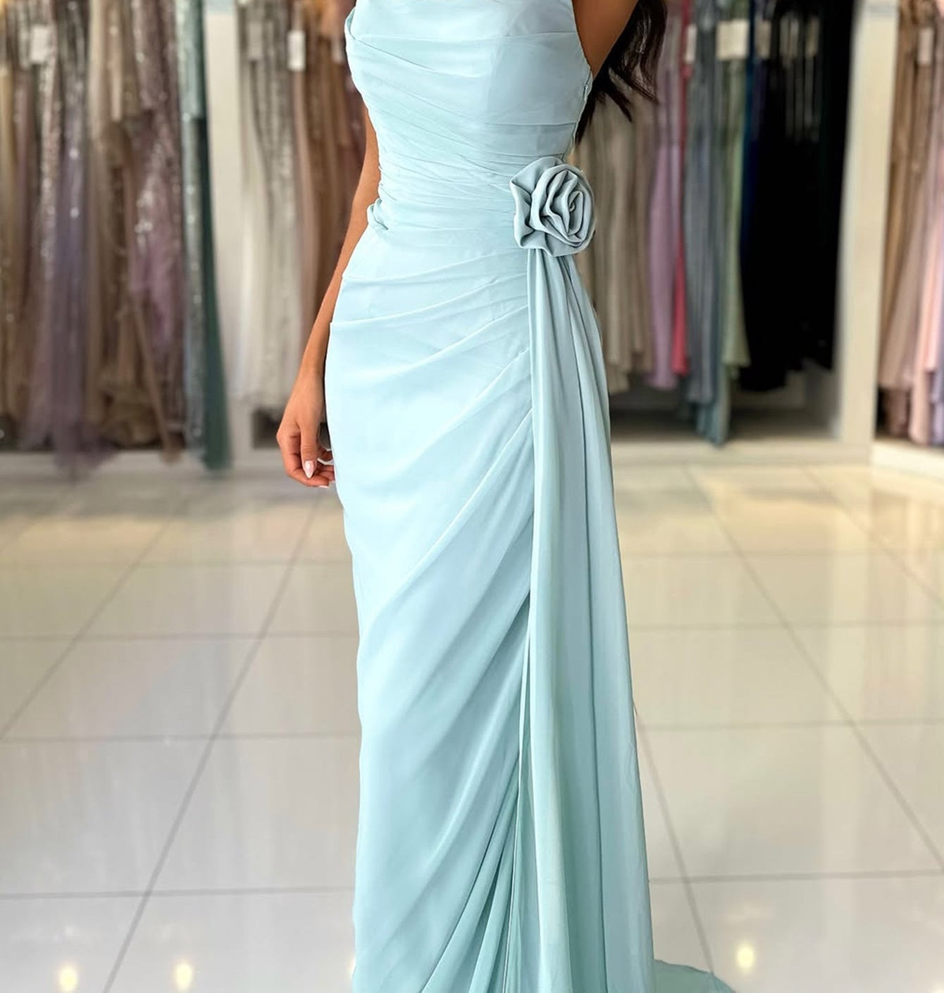 Strapless Hand Made Flower Prom Dress With Waist Drop - Baby Blue