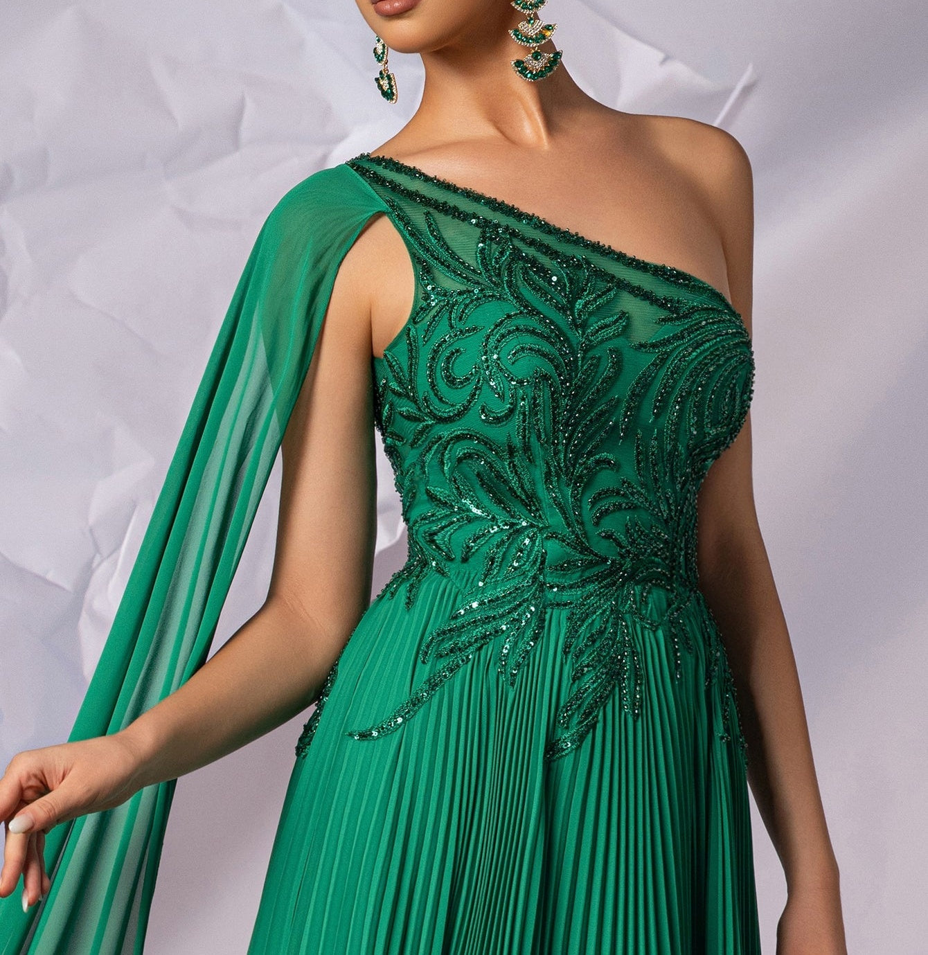 One Shoulder Beaded Pleats Long A-Line Prom Dress With Tulle - Green