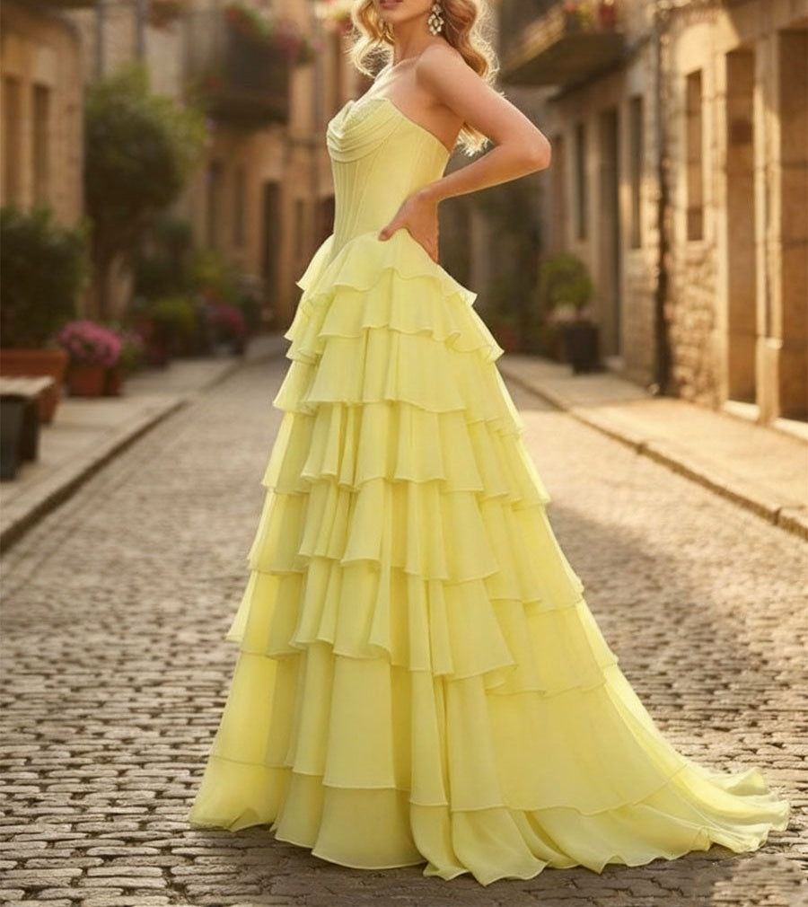 A-Line Sweetheart Cascading Ruffles Chiffon Corset Prom Dress