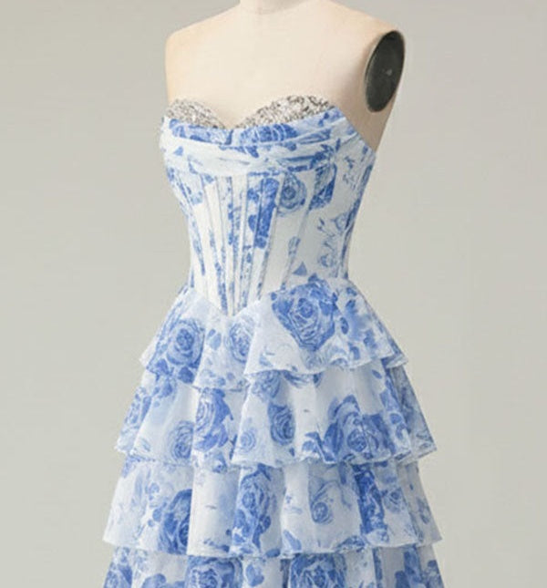 Blue Flower A Line Sweetheart Sequins Tiered Corset Long Prom Dress with Slit