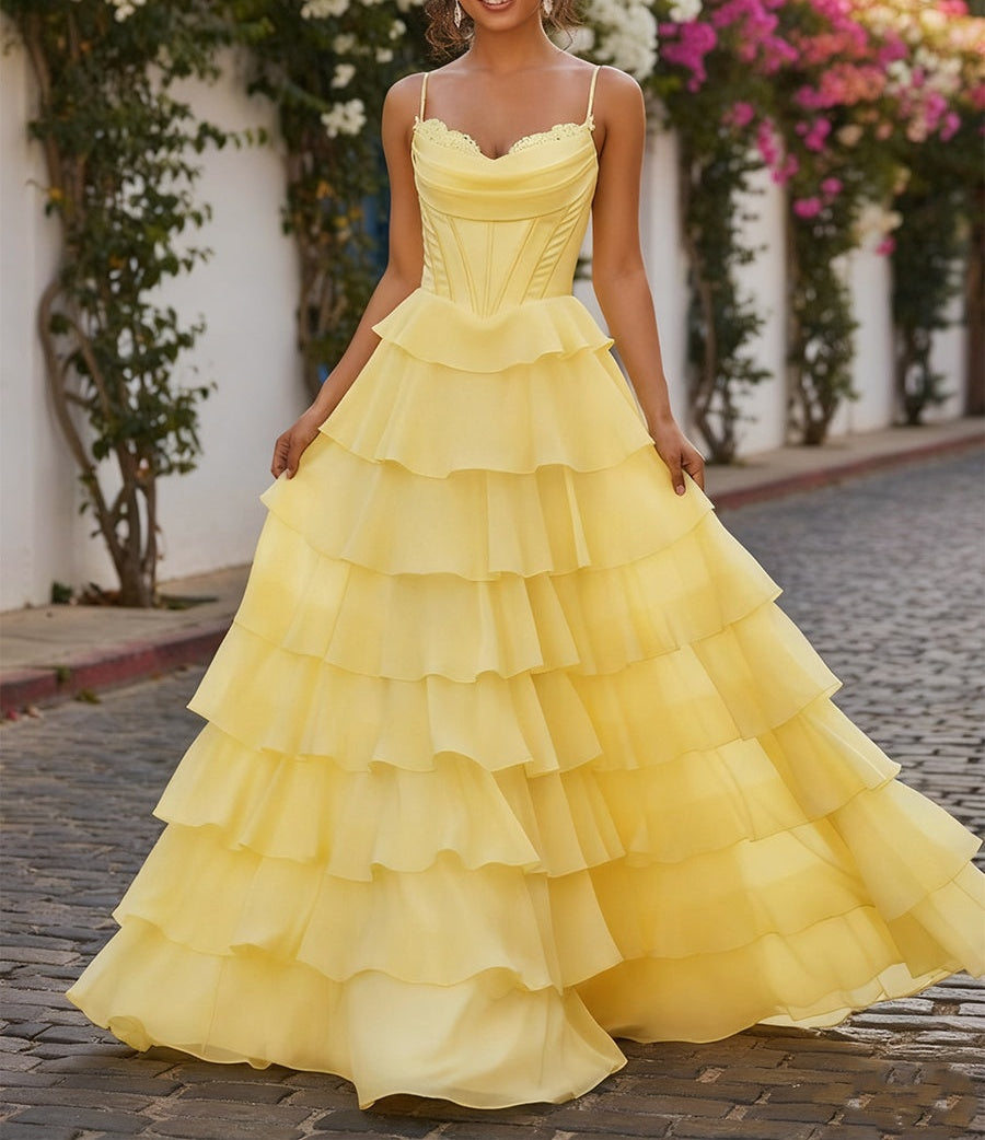 A Line Cowl Neck Chiffon Satin Tiered Ruffle Prom Dress