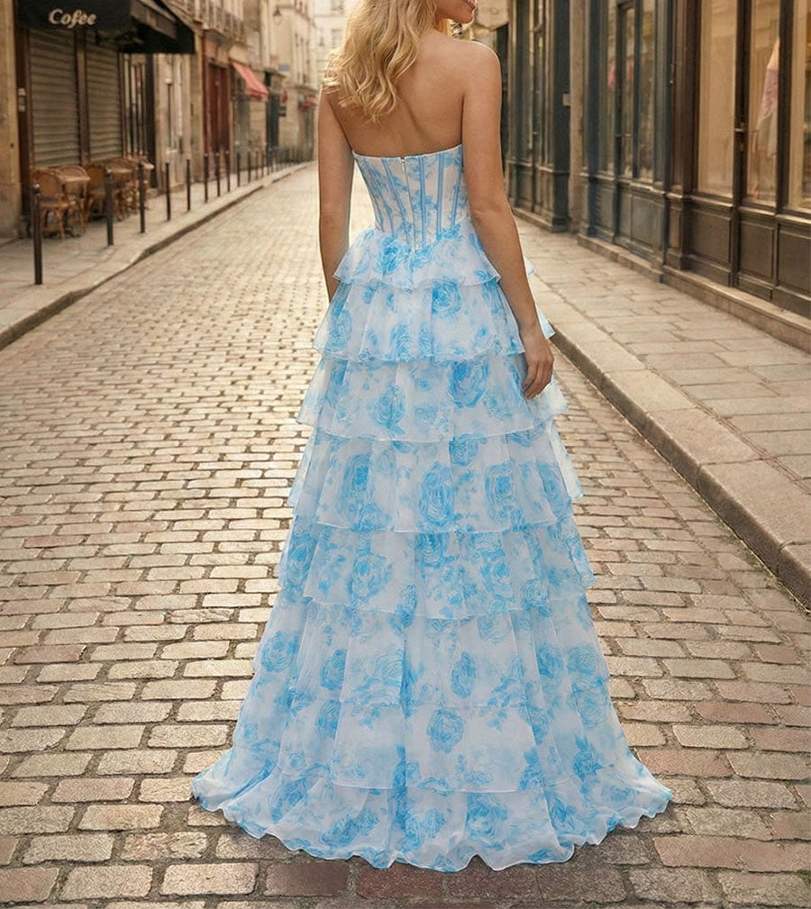Blue Floral Strapless Tiered Ruffle Corset Long Prom Dress with Slit