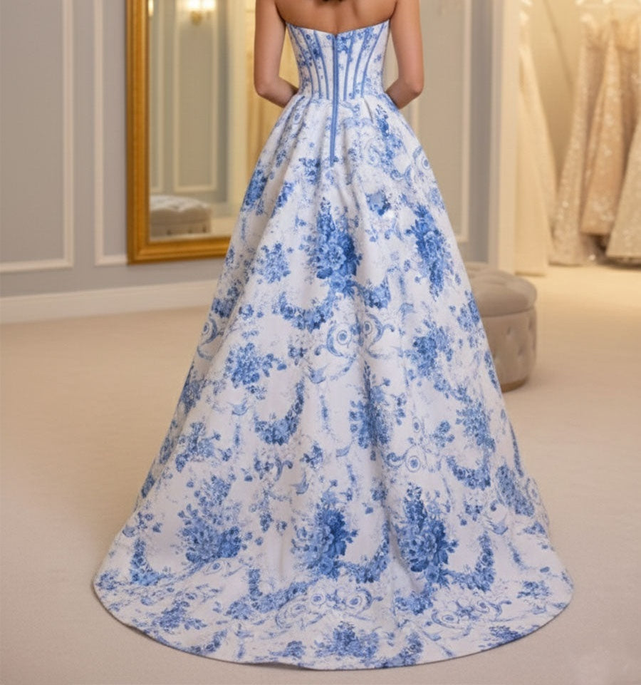 Blue Floral Brocade Contrast Corset Textured Neckline Prom Dress