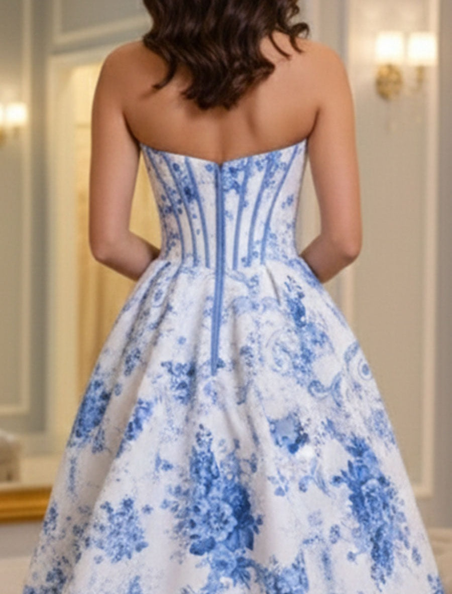 Blue Floral Brocade Contrast Corset Textured Neckline Prom Dress