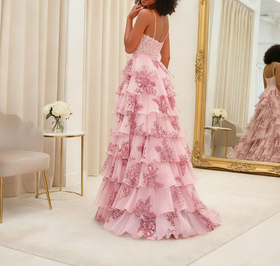 Blue Floral Tiered Ruffles High-Low Prom Dress with Beaded Bodice