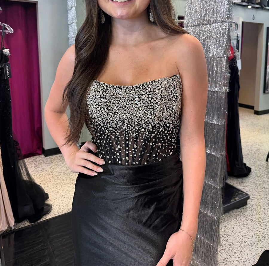 Black Satin Strapless Crystal Beaded Corset Prom Dress with High Slit