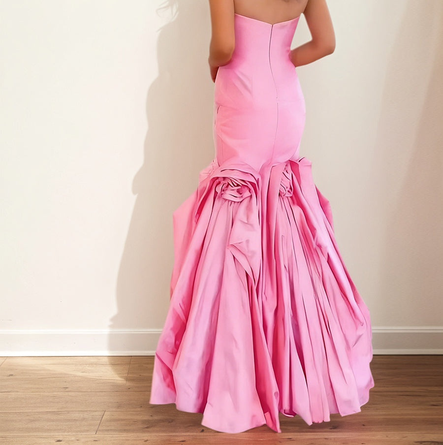 Pink Strapless Satin 3D Rosette Mermaid Long Prom Dress