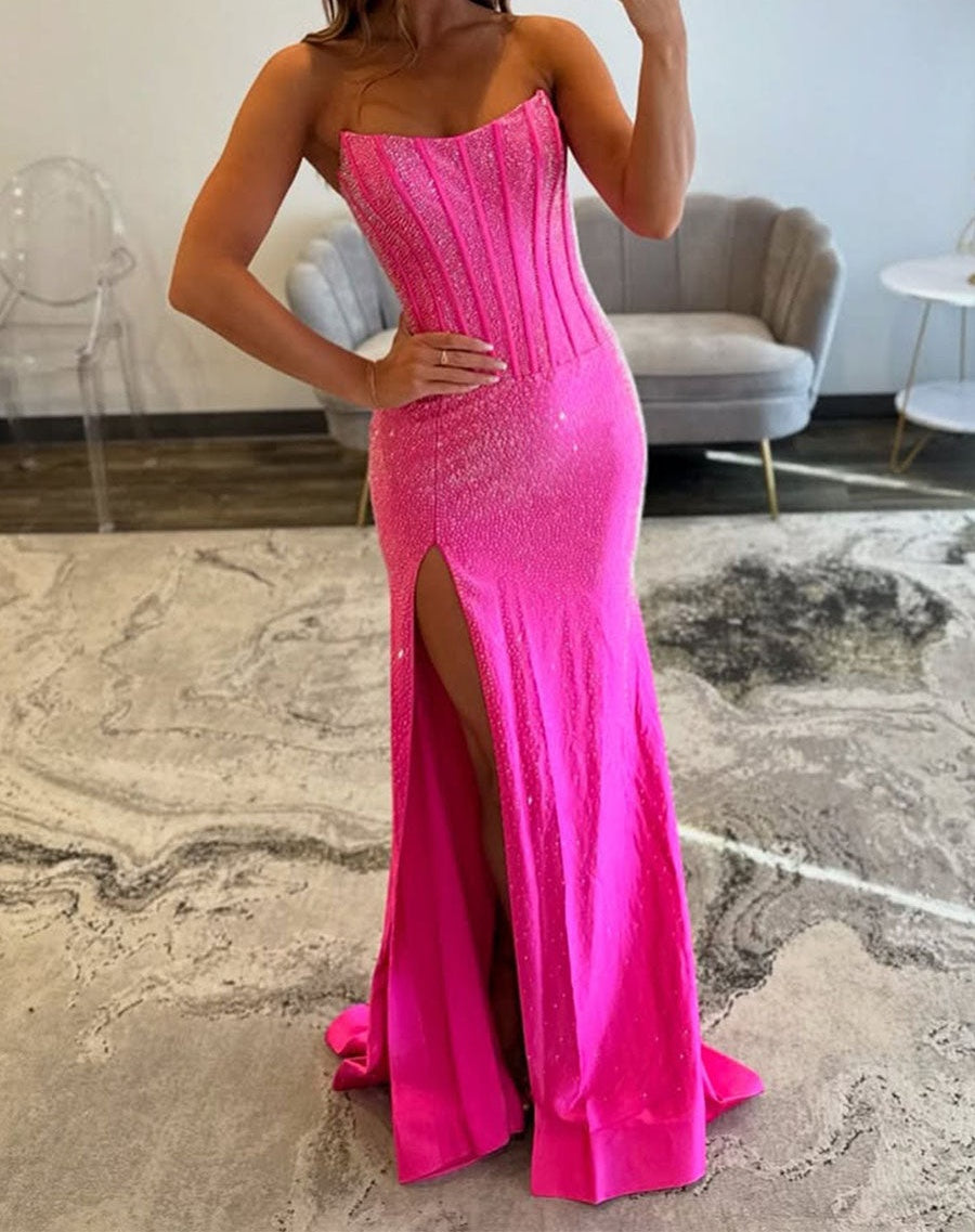 Hot Pink Strapless Beaded Corset Prom Dress with Slit