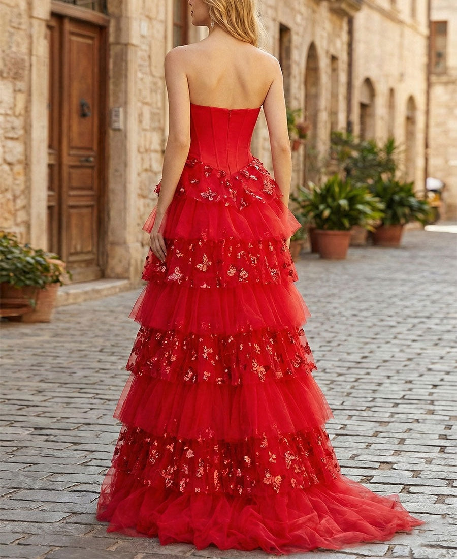 Corset Bodice Tiered Long Prom Dress with 3D Floral Appliqués