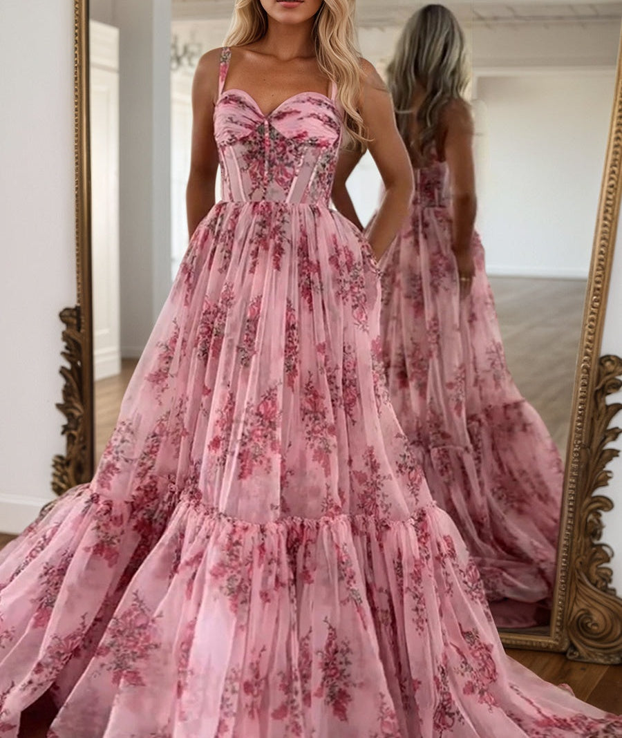 Pink Sweetheart A Line Floral Printed Chiffon Long Prom Dress With Bow