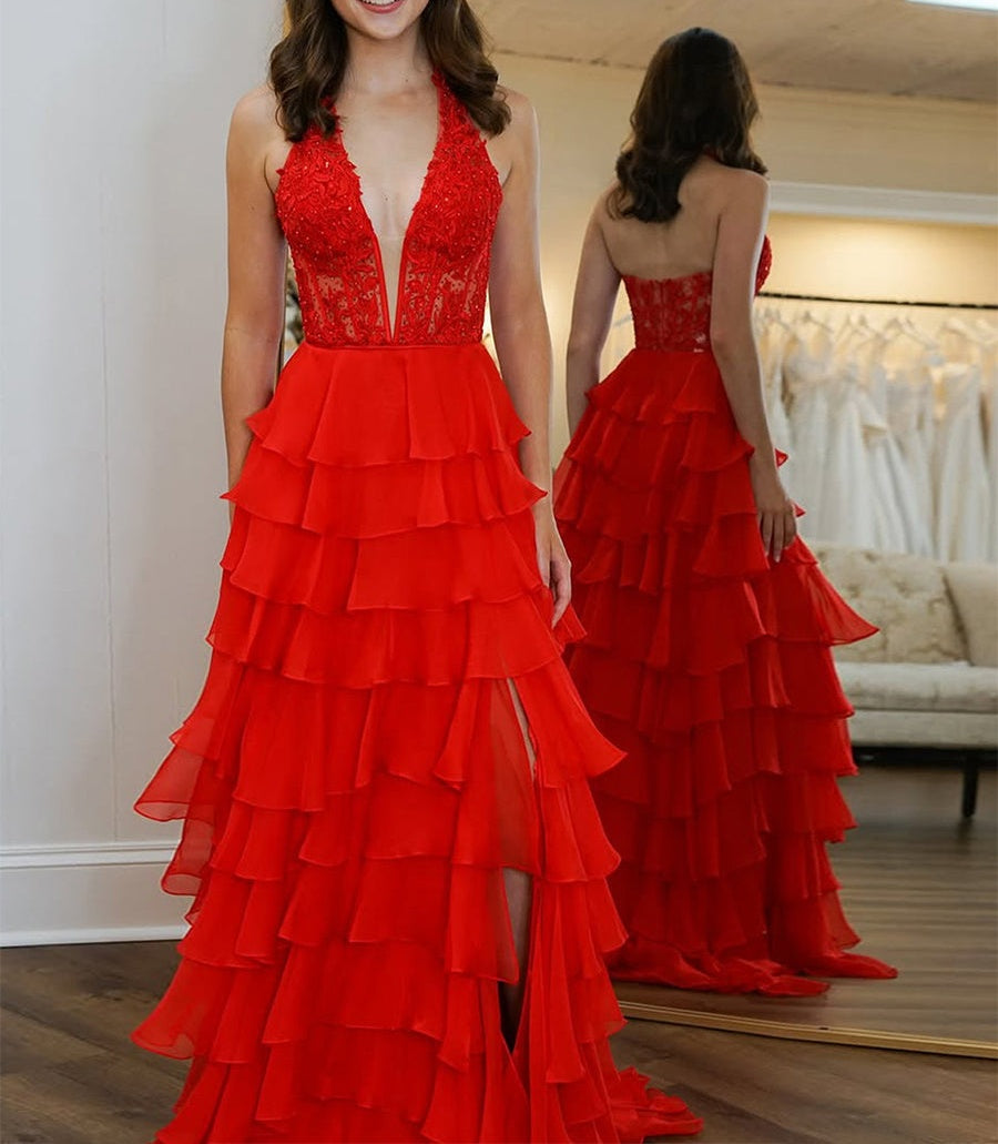 Halter Lace Appliques Chiffon Ruffle Prom Dress with Slit