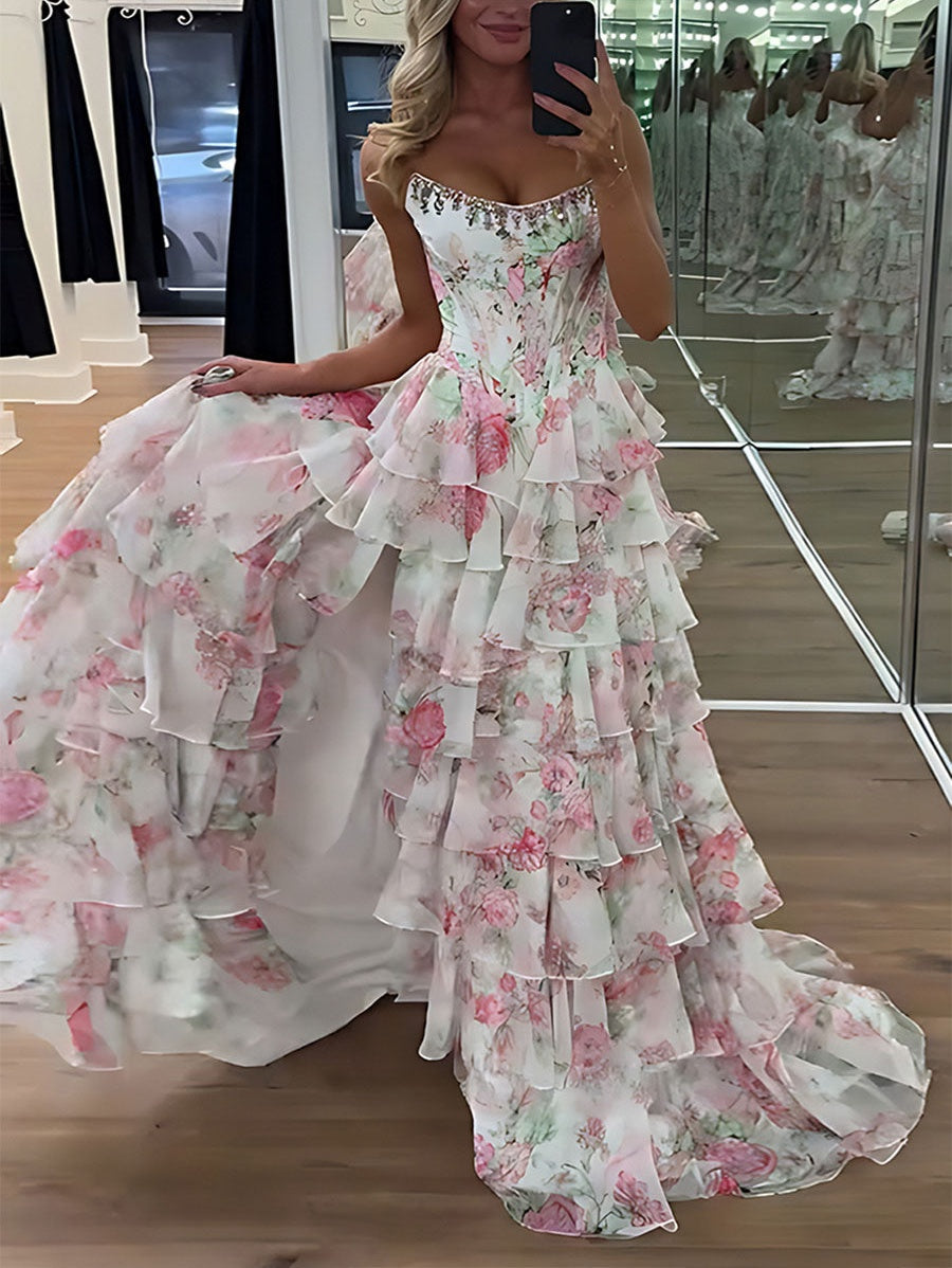 A-Line Strapless Print Ruffles Tiered Long Prom Dress
