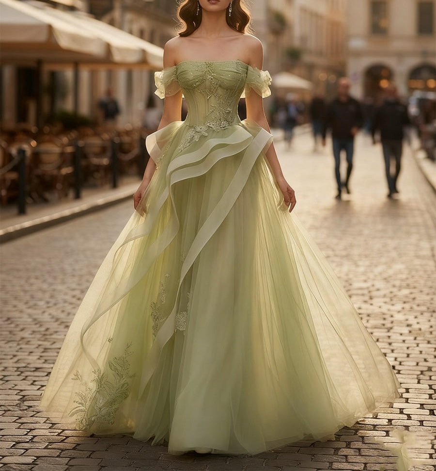 A Line Off-the-Shoulder Appliques Lace Tulle Long Corset Prom Dress