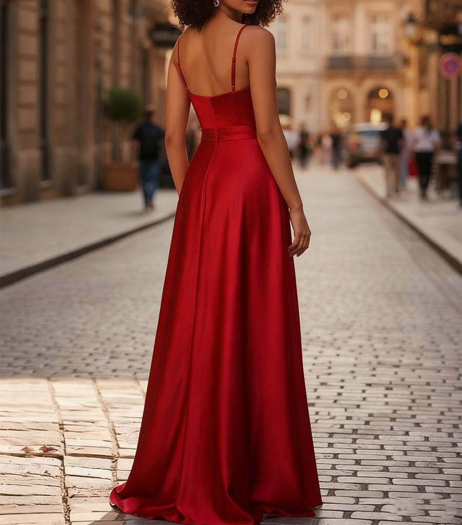 A-Line Pleated Corset Prom Dress with Slit Detachable Straps
