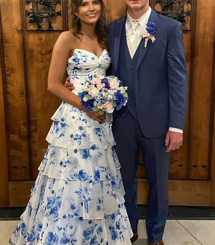 A-Line Strapless V-Neck Tiered Printing Long Prom Dress