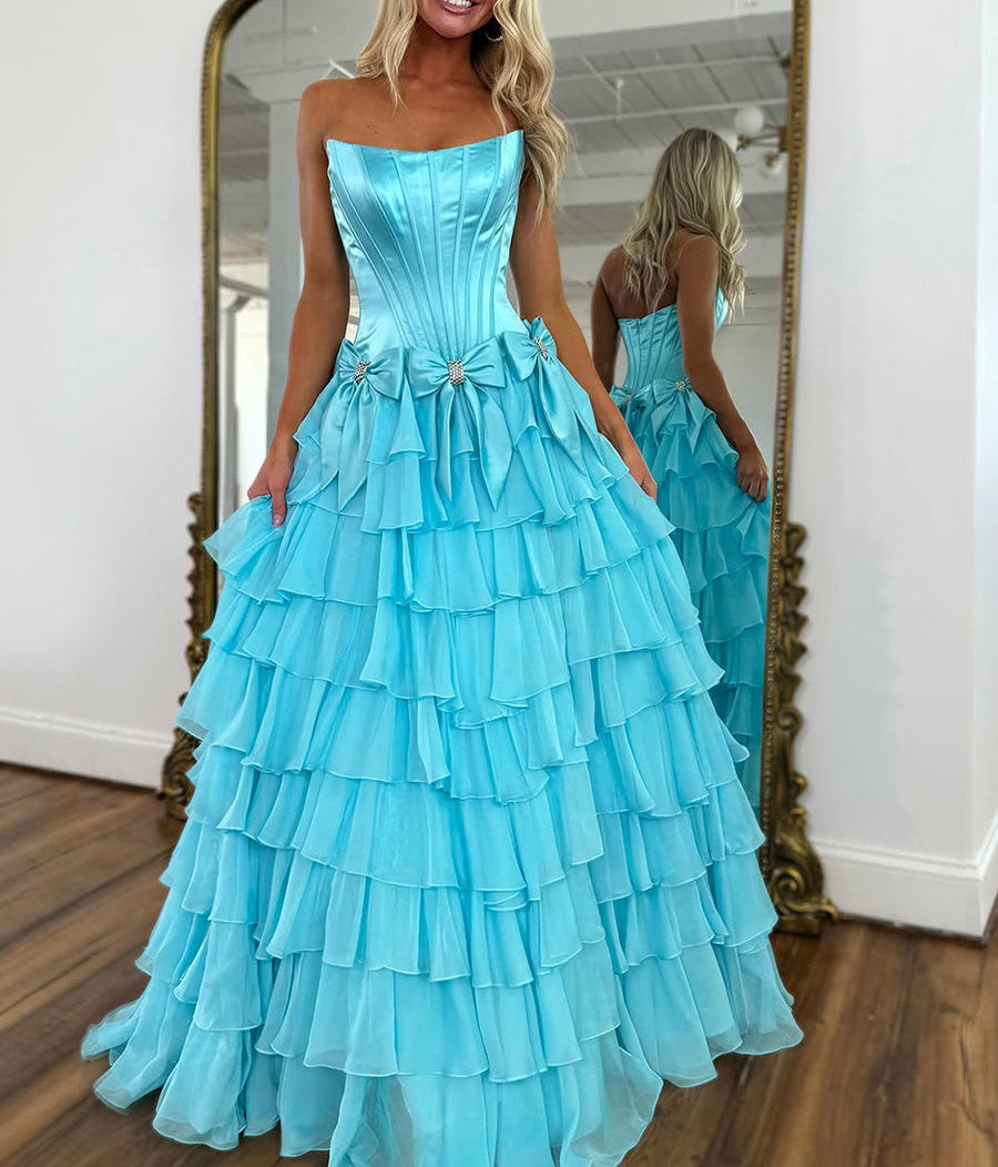 Princess Strapless Tiered A-Line Long Prom Dress with Slit