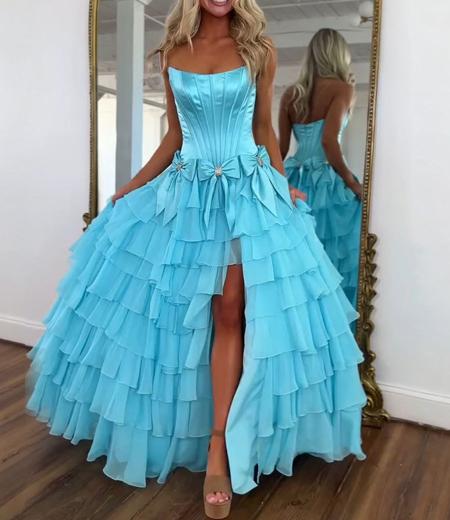 Princess Strapless Tiered A-Line Long Prom Dress with Slit