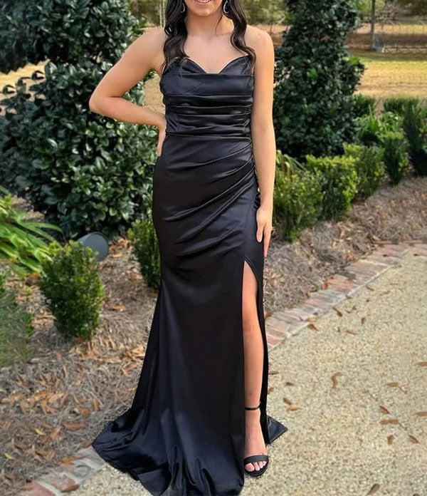 Black Mermaid Strapless V-Neck Satin Pleated Long Prom Dress with Slit