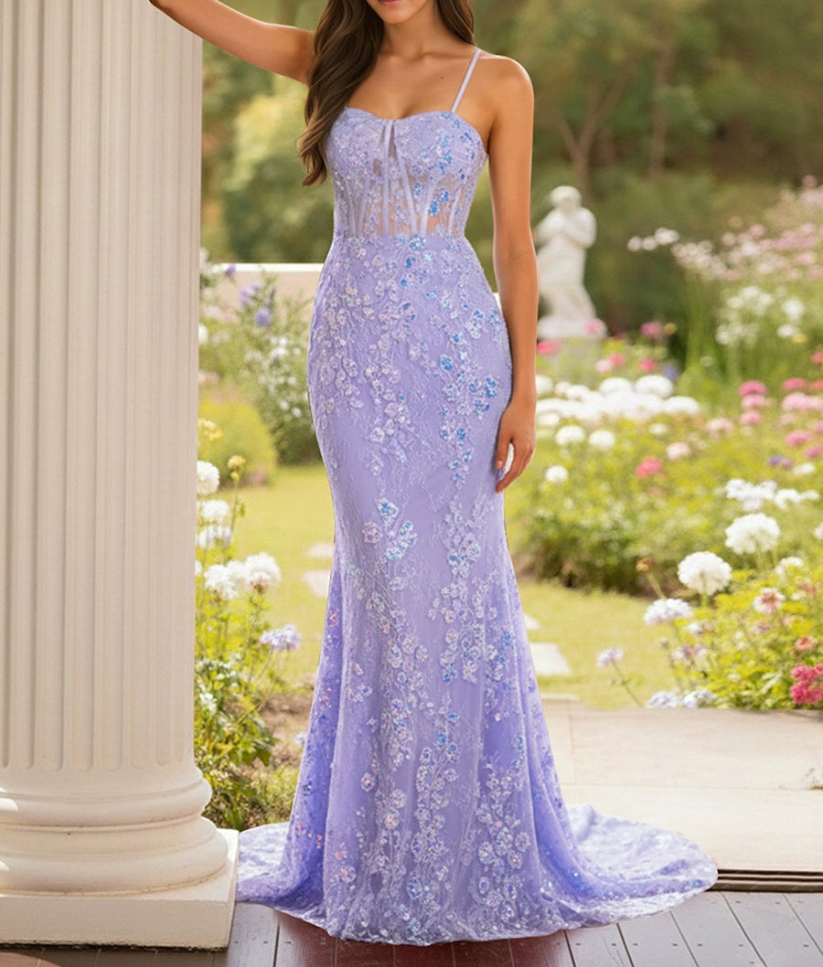 Blue Floral Corset Bodice Spaghetti Straps Lace Applique Prom Dress