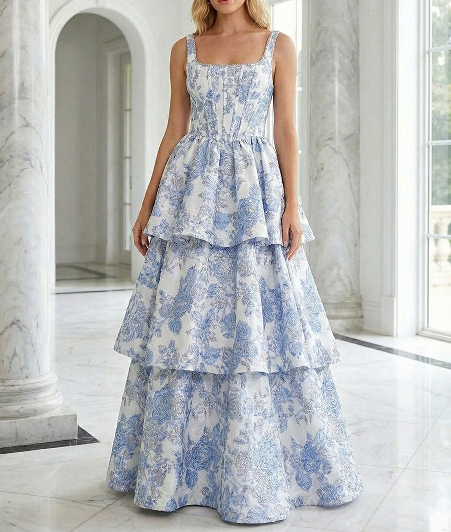 Blue Floral Brocade Corset Tiered A-Line Prom Dress
