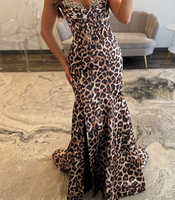 Leopard Print Beaded Sweetheart Mermaid Prom Dress with Corset Bodice