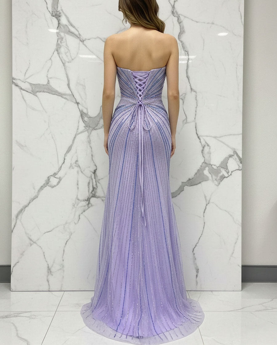 Glamorous Lilac Linear Beaded Long Prom Dress with Slit