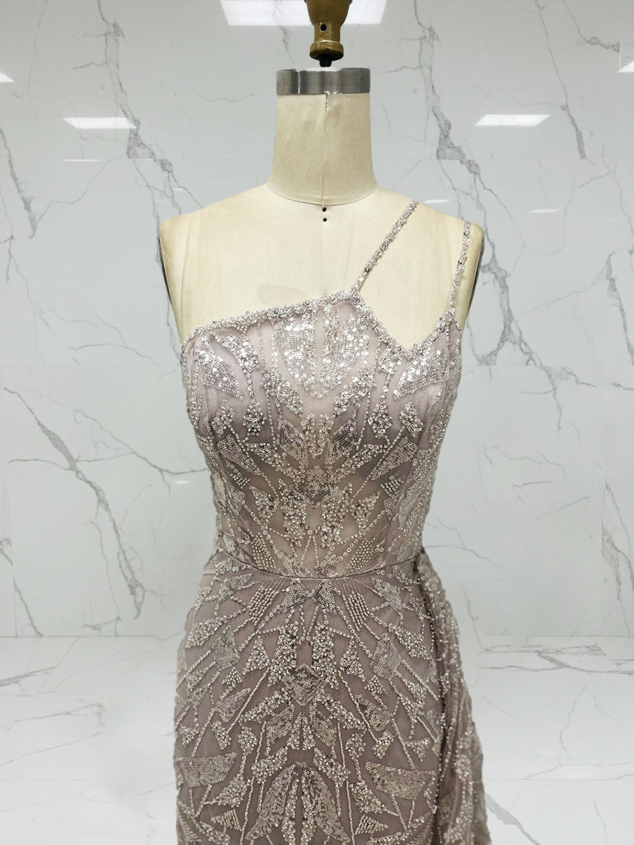Ice Blue Geometric Beaded Prom Dress with Tulle Overskirt