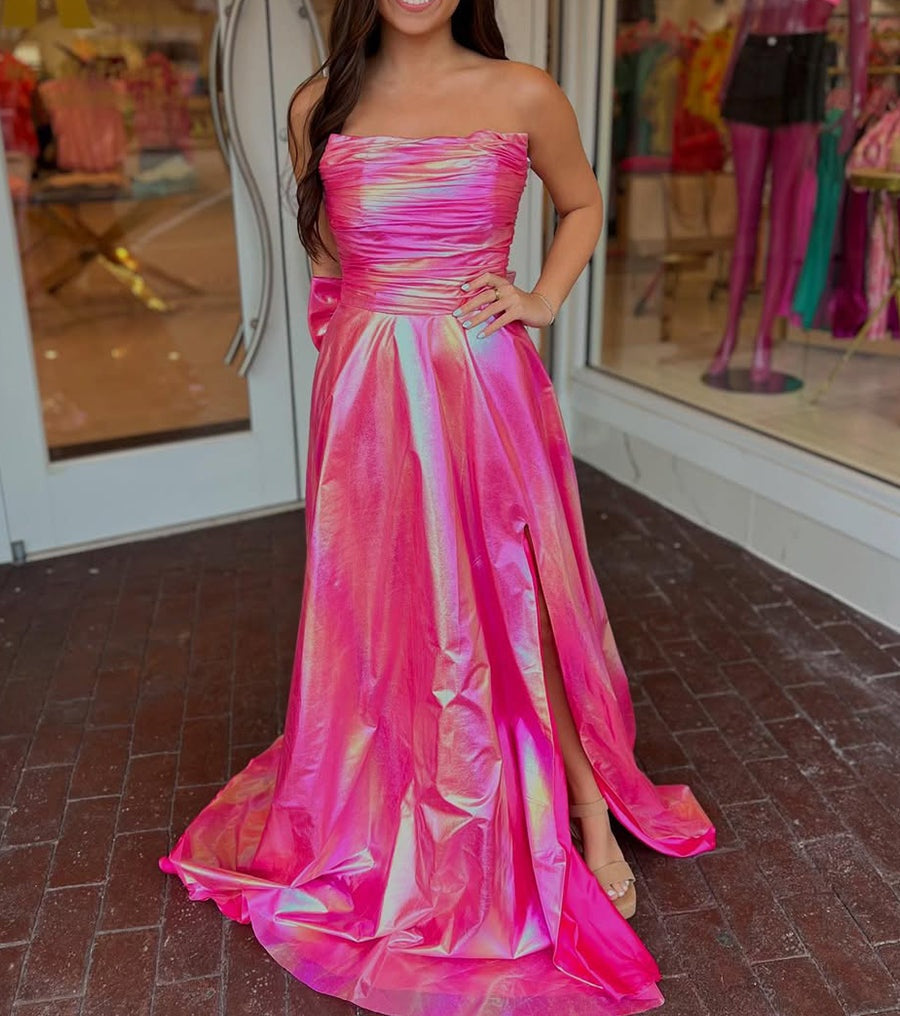 Hot Pink Metallic Strapless A-Line Prom Dress with Slit
