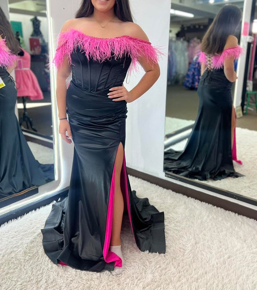 Black Satin Corset Prom Dress with Pink Feather Off-Shoulder Trim
