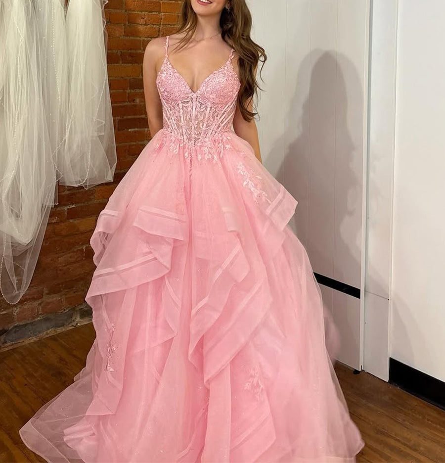 Pink A Line Tiered Tulle Long Prom Dress with Lace Appliqué