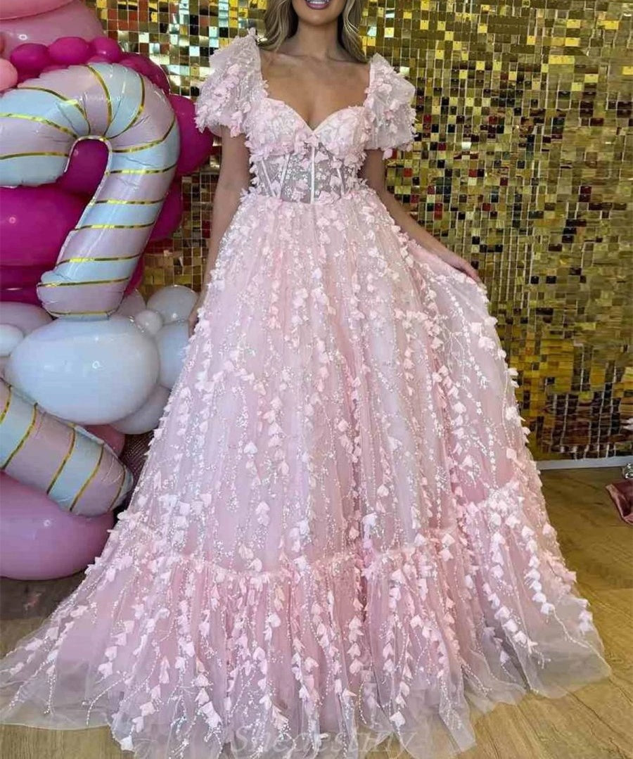 Pink 3D Floral Corset Prom Dress with Puffy Sleeves