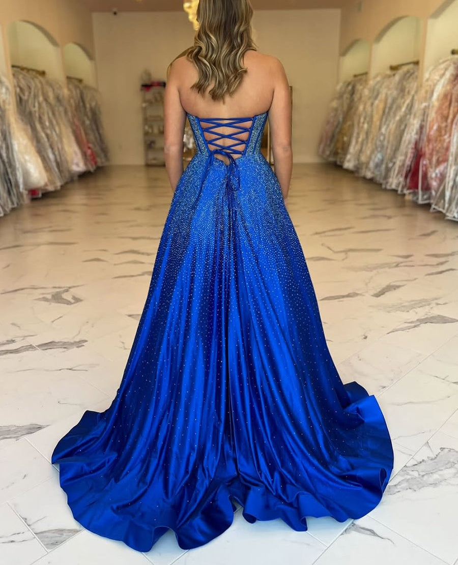 Royal Blue Sparkly Strapless A Line Corset Long Prom Dress