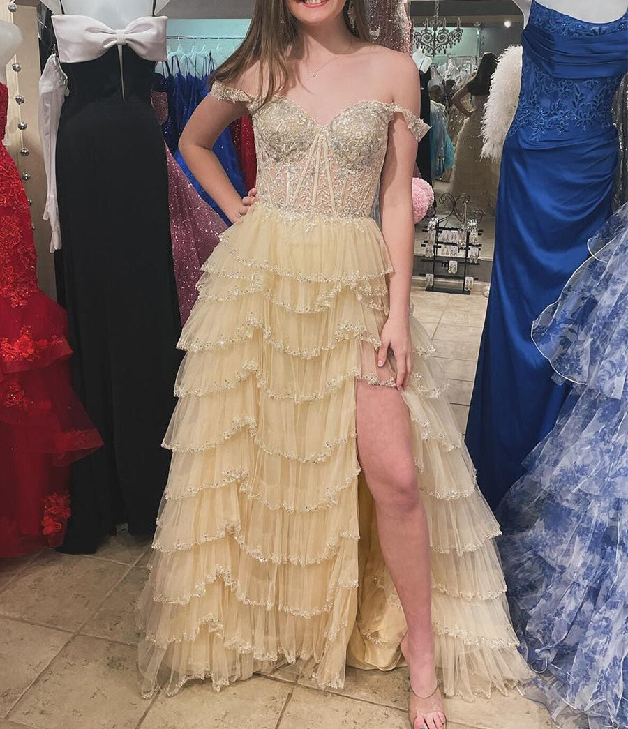 Glamorous Champagne Beaded Tiered Ruffle Corset Prom Dress with Slit