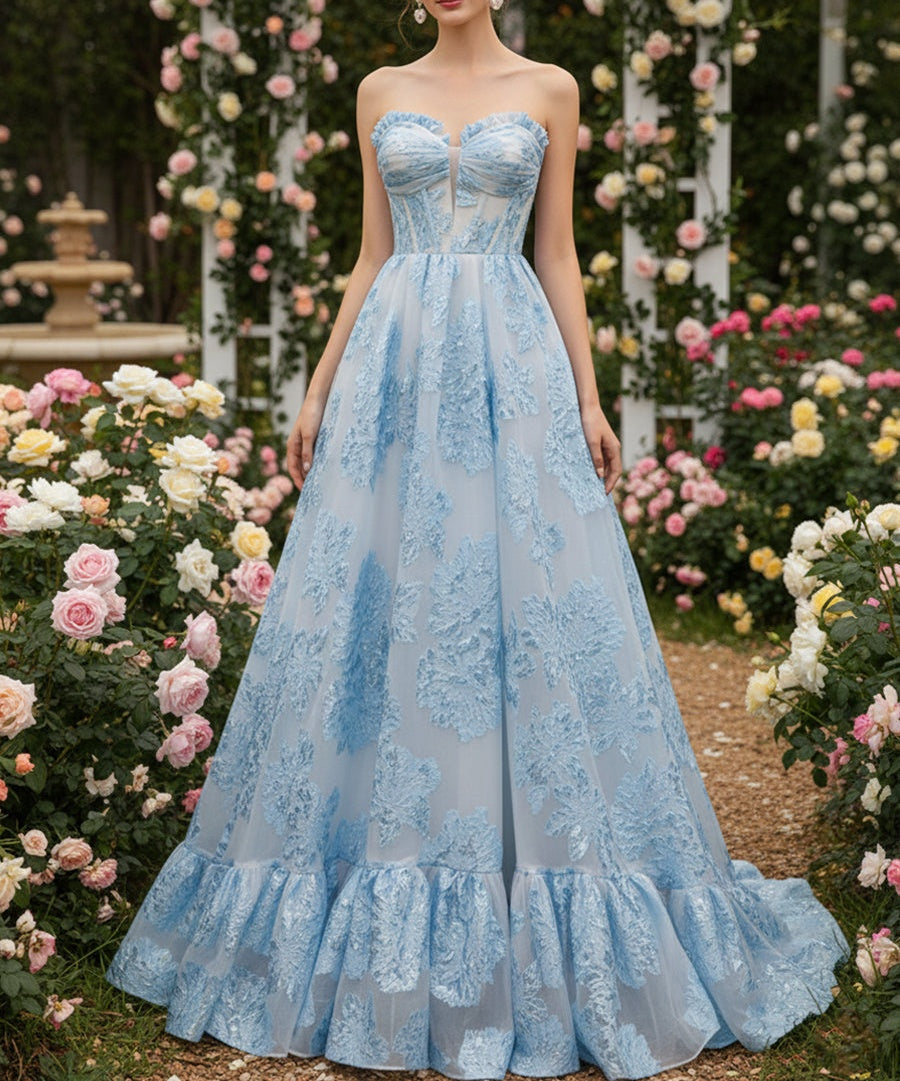Ice Blue A-Line Strapless Textured Corset Prom Dress