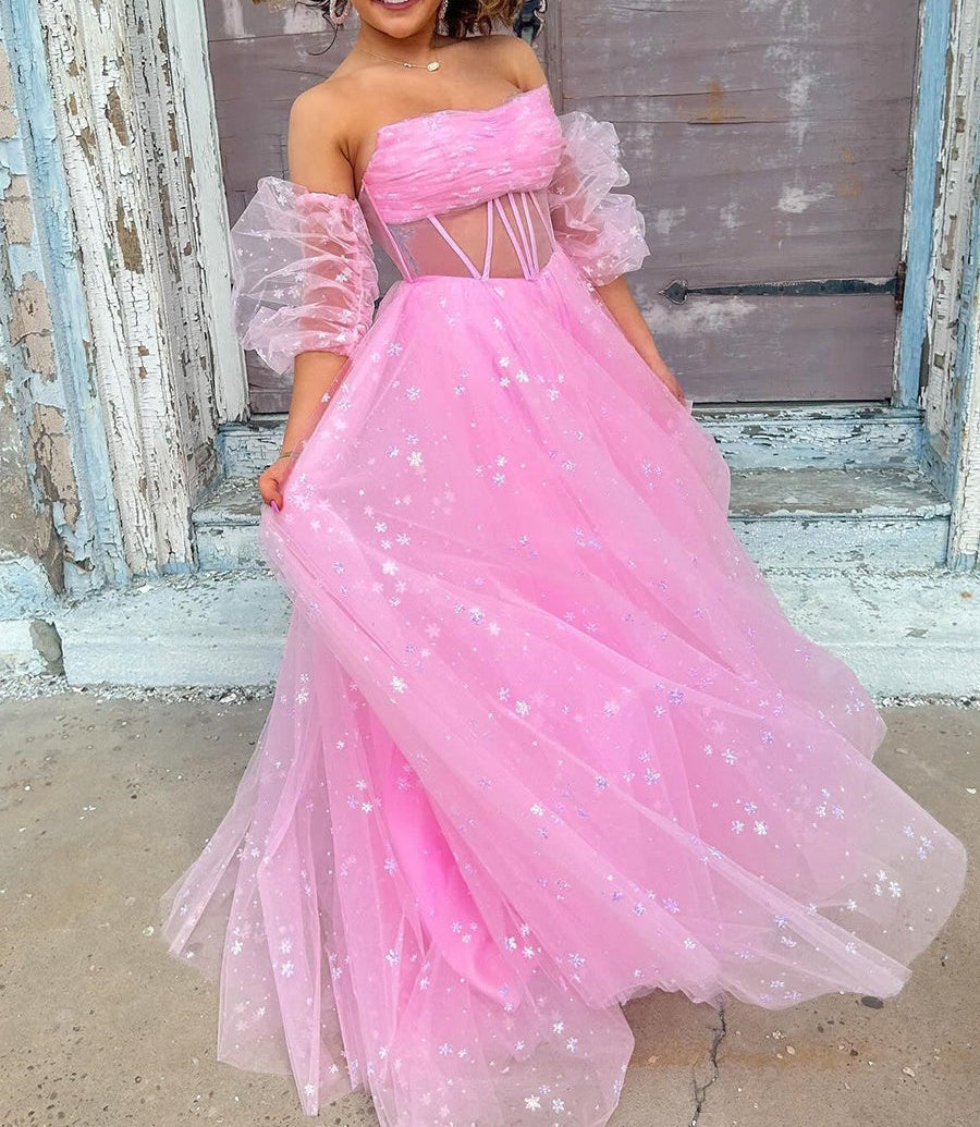 Pink Star Tulle Strapless Puff Sleeves Corset Prom Dress