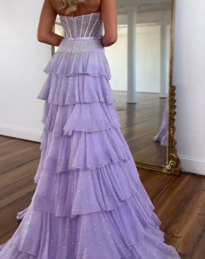 Sparkling Lilac Strapless Tiered Ruffle Corset Prom Dress with Slit