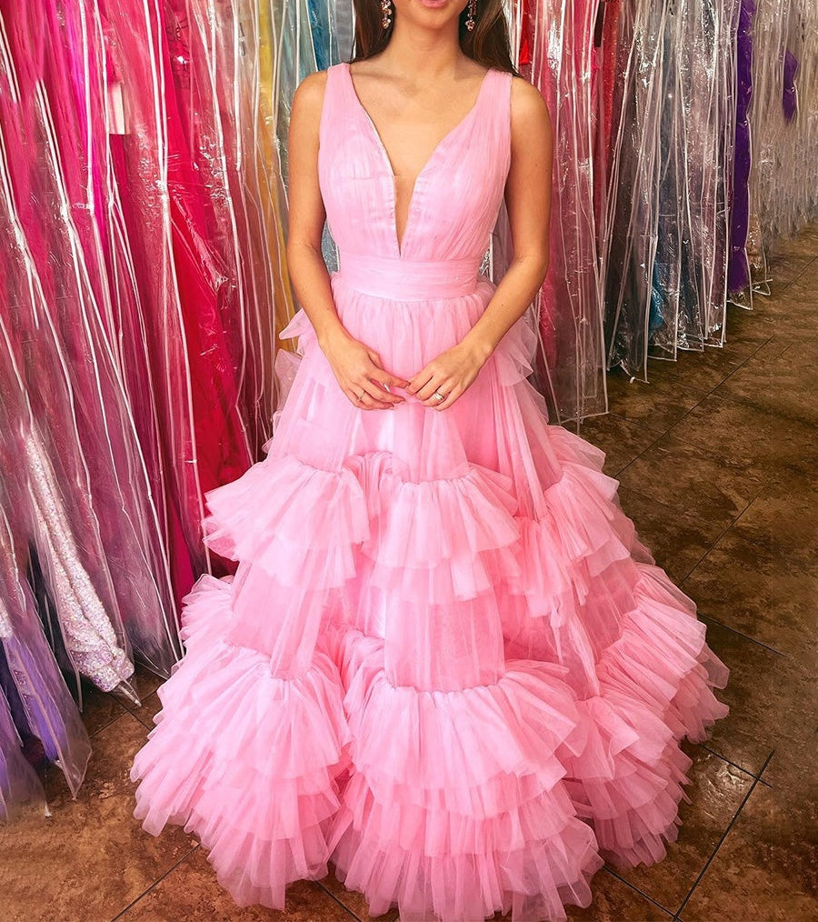 Light Blue A Line Tiered Ruffle Tulle Long Prom Dress