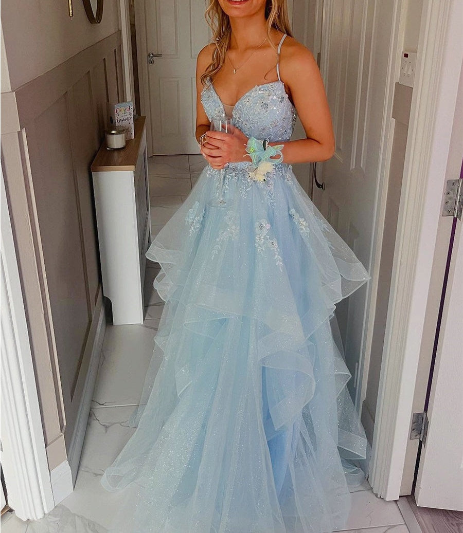 Sparkling Light Blue Floral Tiered Ruffle Long Prom Dress
