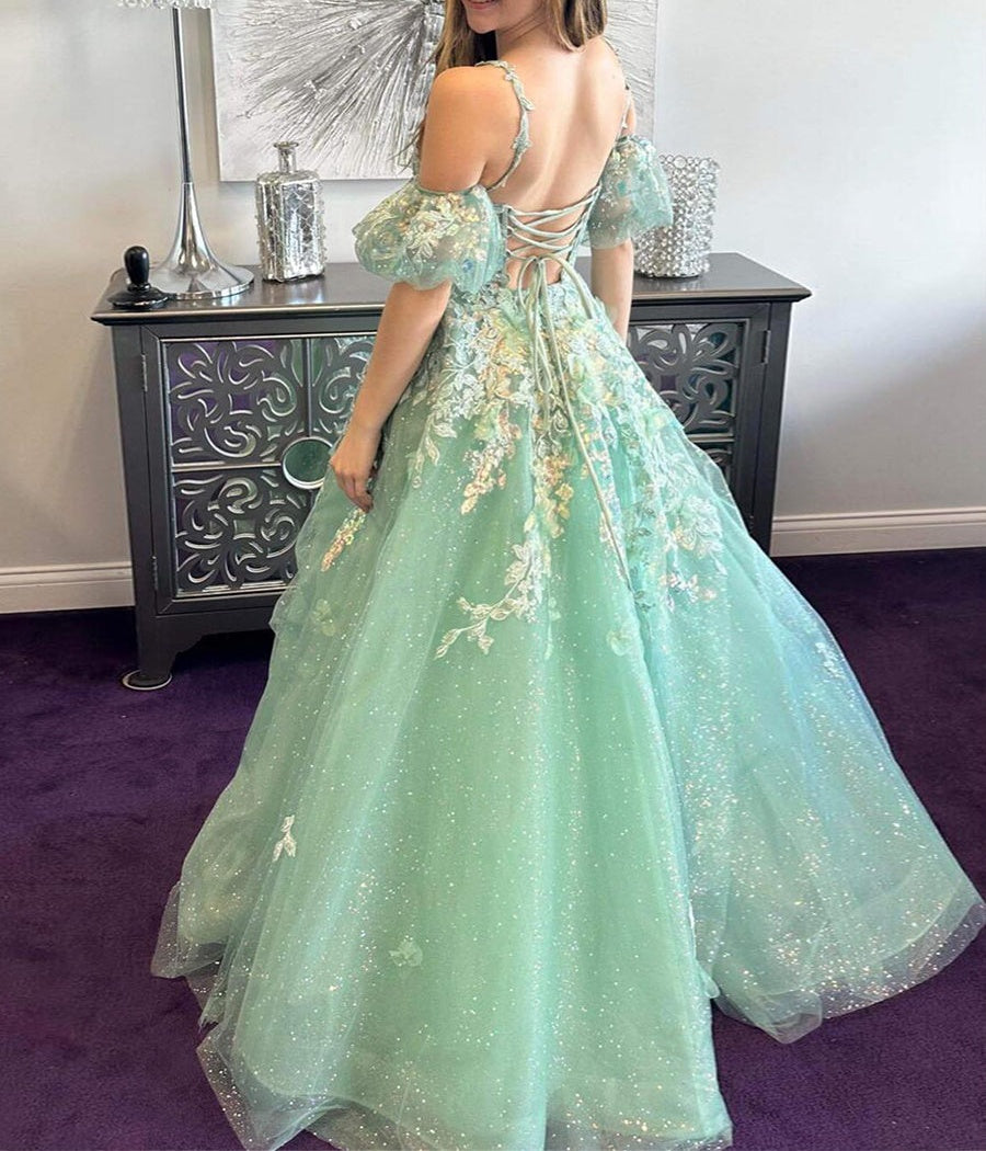 Sage Green Floral Glitter Tulle Prom Dress with Puff Sleeves