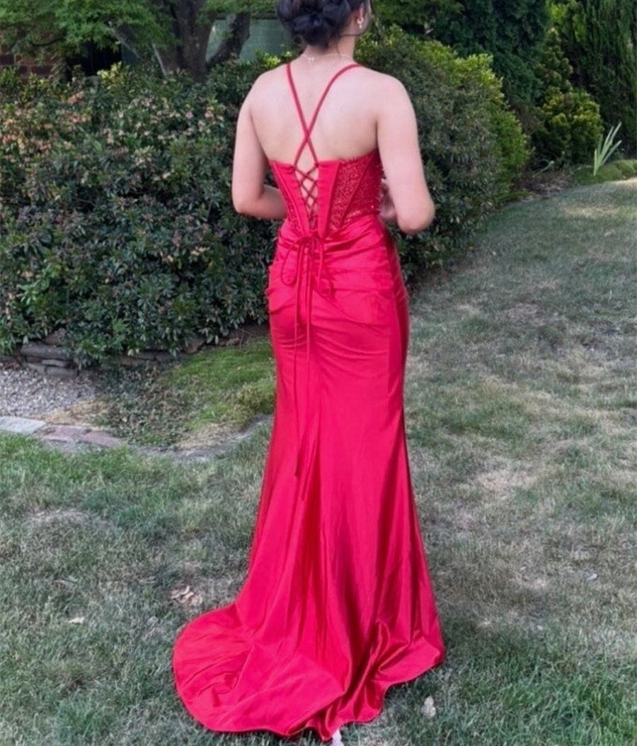 Red Spaghetti Straps Satin Long Corset Prom Dress with Slit