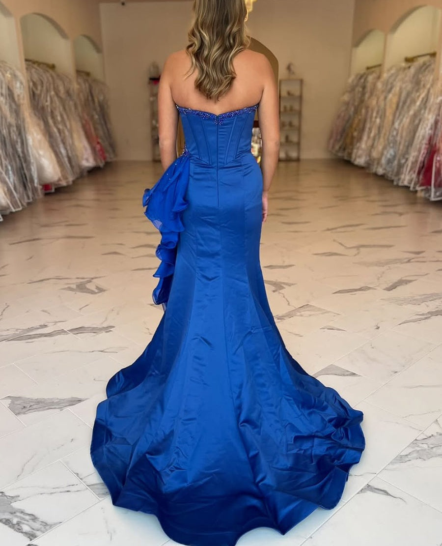 Royal Blue Strapless Satin Ruffled Long Corset Prom Dress with Slit