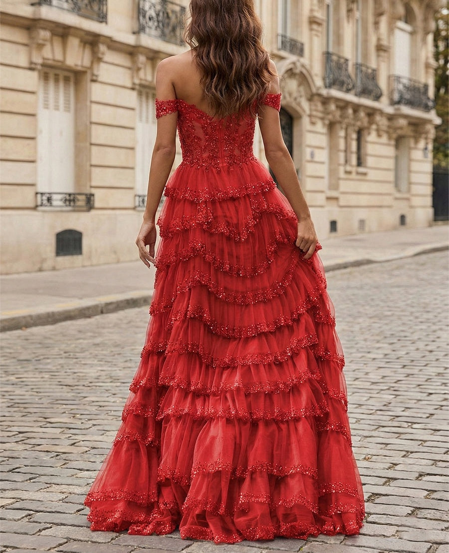 Sparkling Royal Blue Off The Shoulder Tiered Ruffle Corset Prom Dress with Slit