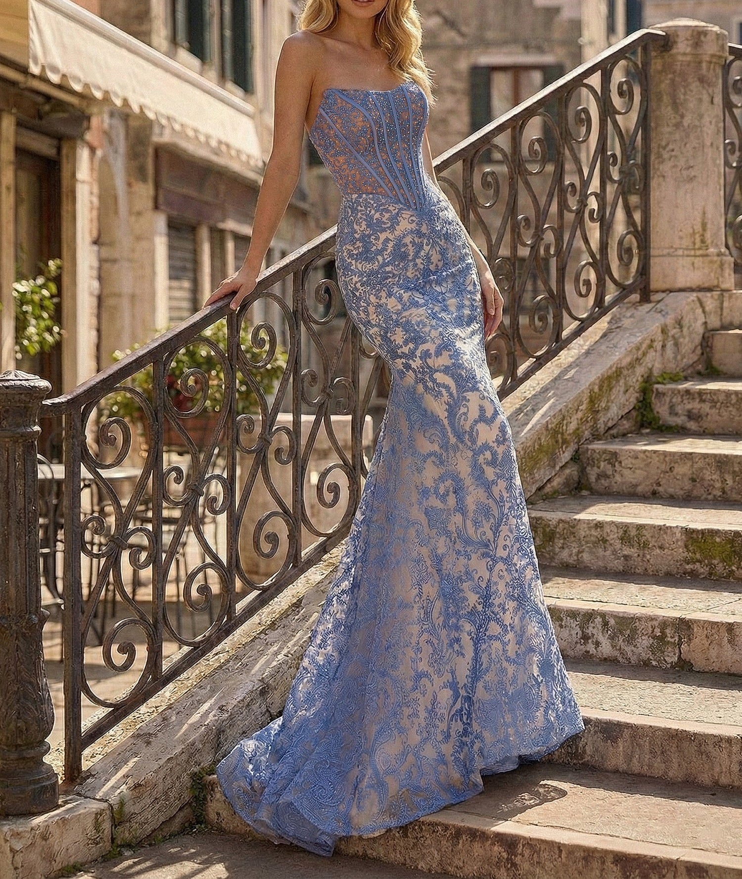 Blue Strapless Pearl Beaded Ruched Corset Long Prom Dress